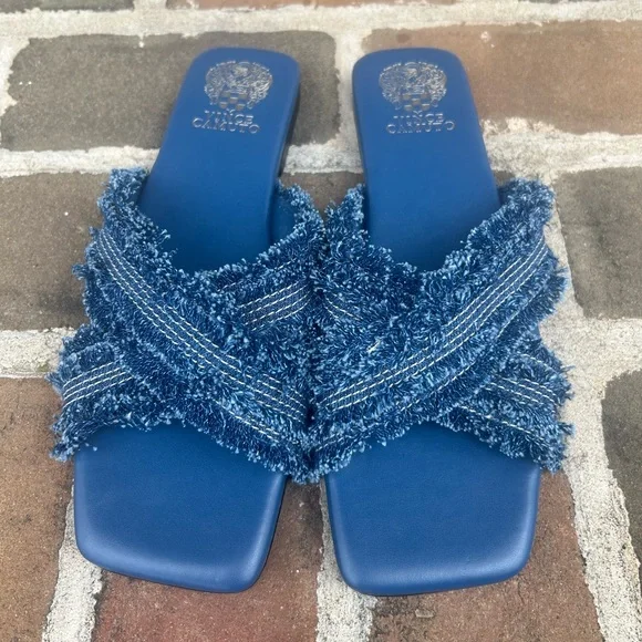 Vince Camuto Alanina Blue Denim Frayed Fringe Square Toe Flat Slides Mules 10 - Picture 1 of 8